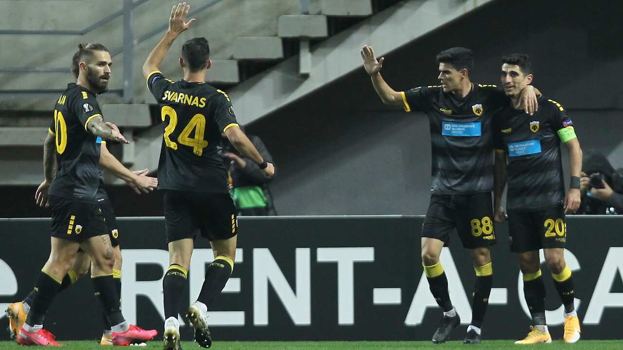 Petros Mantalos (R) of AEK celebrates his goal together with teammates during the UEFA Europa League group G soccer match between Zorya Luhansk and AEK Athens in Zaporizhia, Ukraine, 05 November 2020.