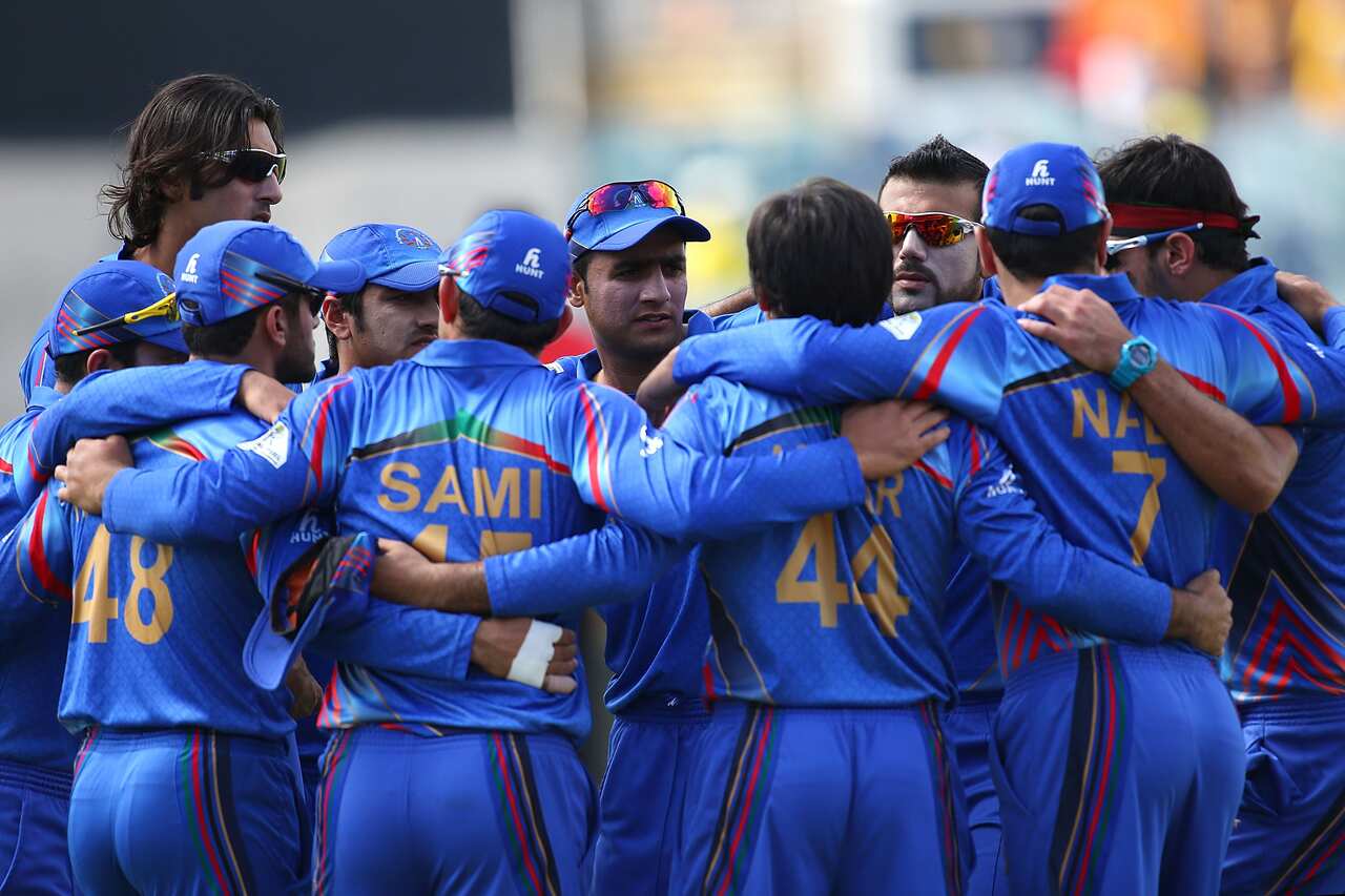 Mohammad Nabi of Afghanistan addresses his team before taking to the field during the 2015 ICC Cricket World match between Australia and Afghanistan at WACA on March 4, 2015 in Perth, Australia