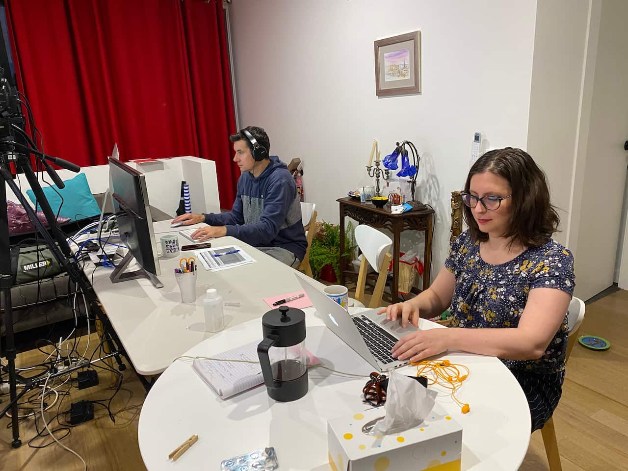 people working in house set