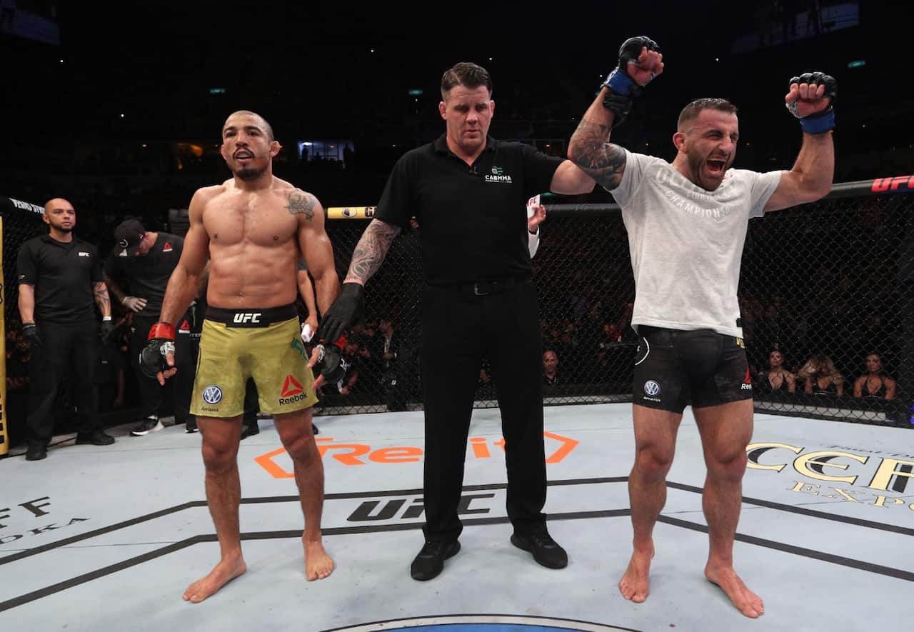 Alexander Volkanovski of Australia reacts after his victory over Jose Aldo of Brazil in their featherweight bout during the UFC 237 
