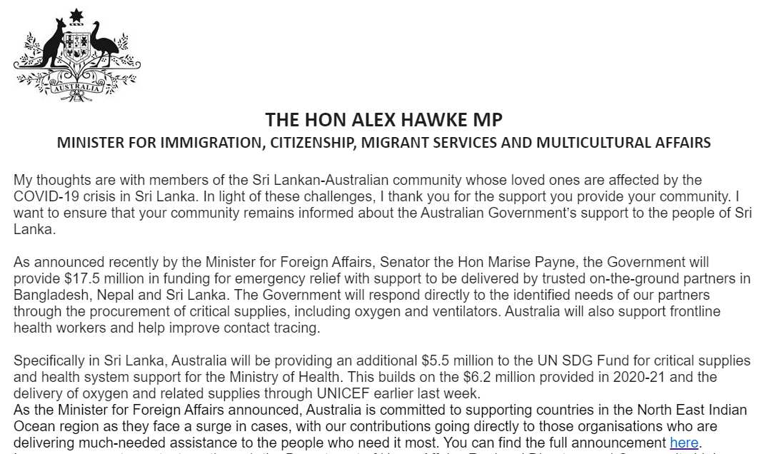 Australia will provide emergency funding for Covid-19 administration in Sri Lanka