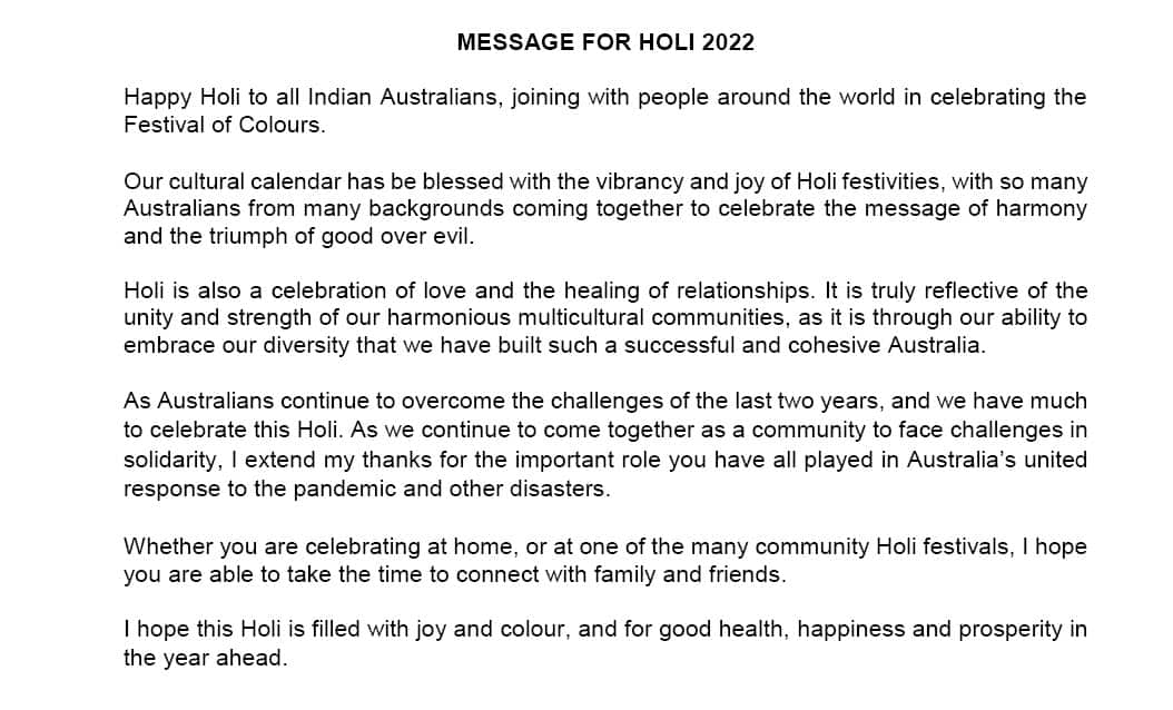 Australian Immigration Minister Alex Hawke extends Holi greetings.