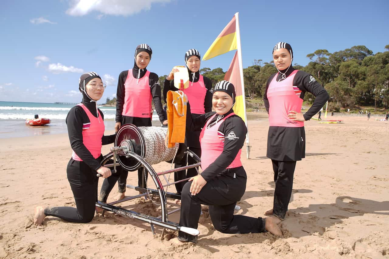 Sahar Ehsani, Sana Mosawi, Sabira Jafari, Mahtia Rezaei and Setara Rezaei after their competition at the state championship at Lorne.