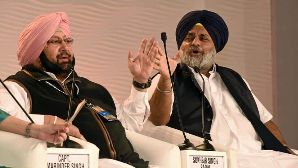 Captain Amarinder Singh and Sulkhbir Singh Badal during a discussion