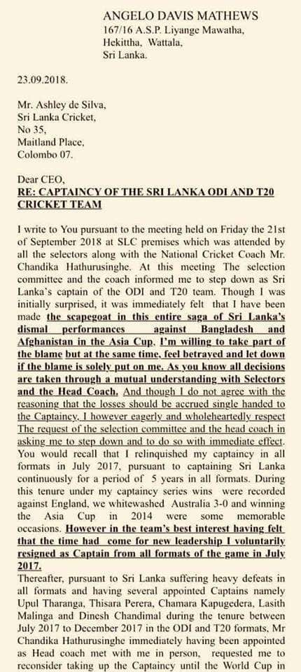 Angelo Mathews Letter