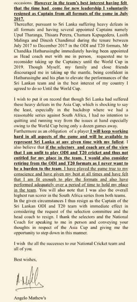 Angelo Mathews Letter