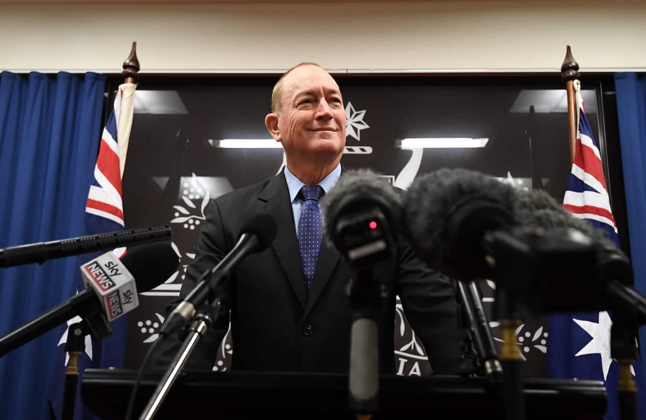 Senator Fraser Anning speaks during a press conference in Brisbane, Monday, March 18, 2019. 