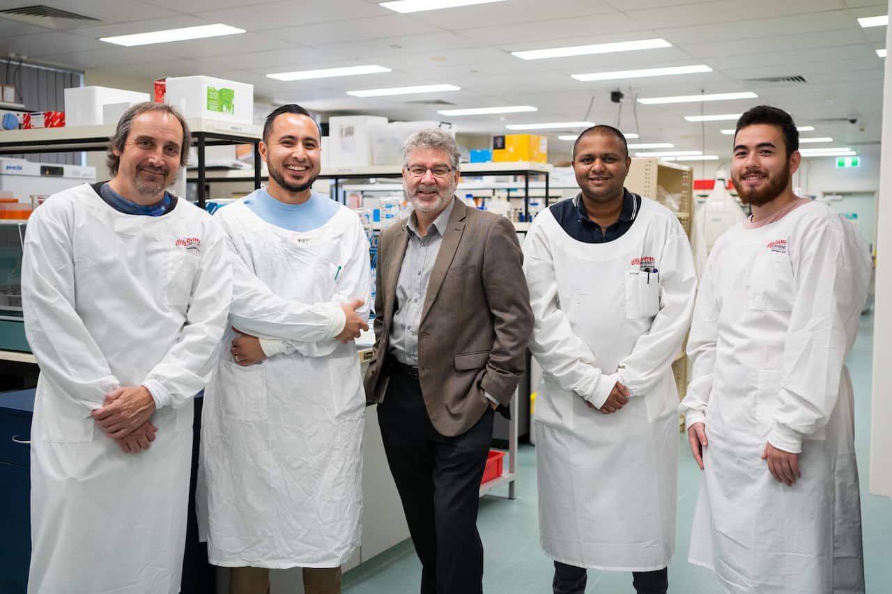 The Griffith University COVID-19 antiviral therapy research team Professor Kevin Morris, Dr Adi Idris, Professor Nigel McMillan, Dr Arron Supramanin and Mr Yusif Idres.