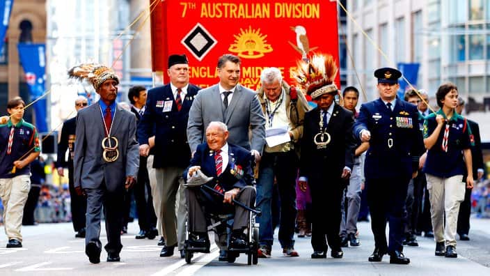 Veterans march during the Anzac Day parade in Sydney, Saturday, April 25, 2015. This year marks the 100th anniversary of Australian forces landing at Gallipoli. (AAP Image/Nikki Short) NO ARCHIVING