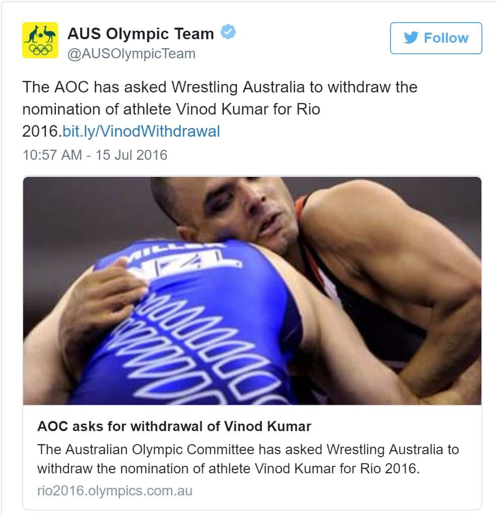 Vinod Kumar, Aus Olympic