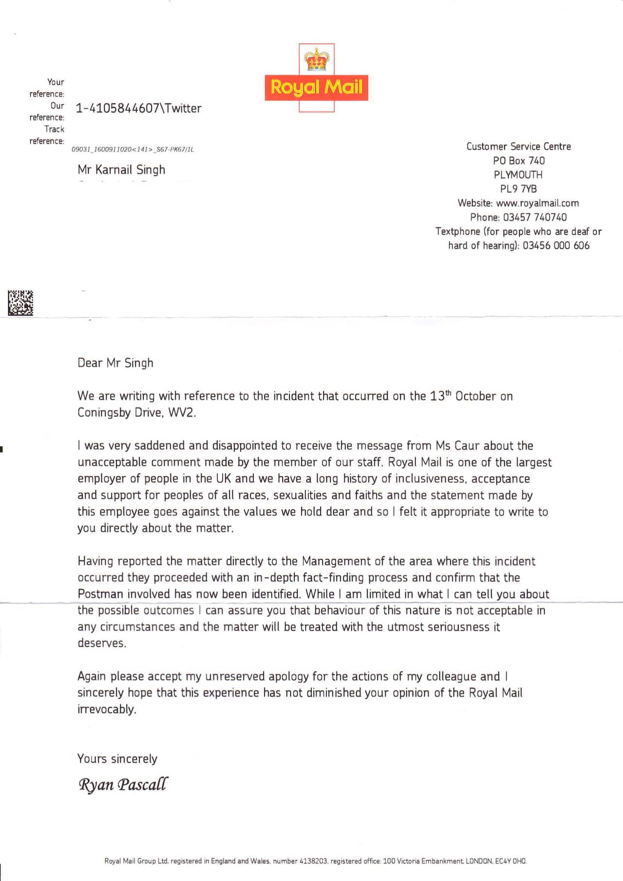 Copy of apology letter issued by Royal Mail
