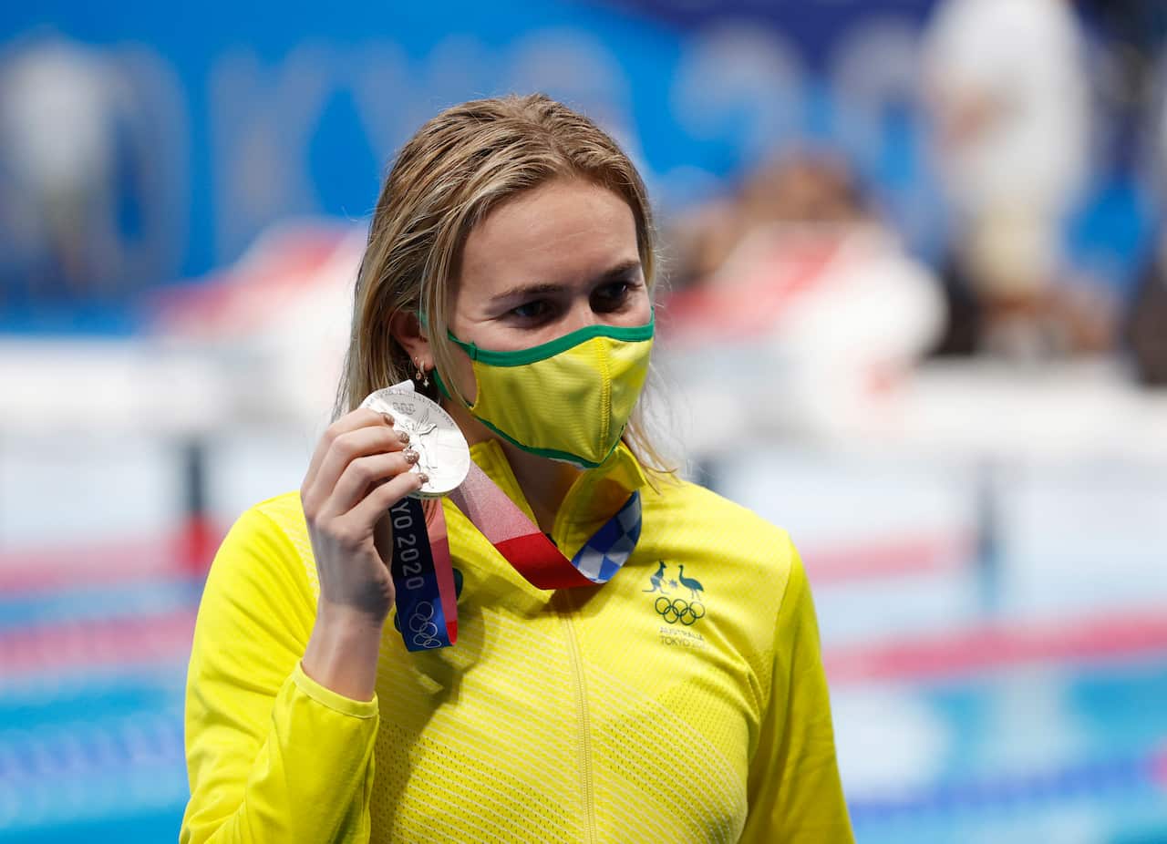 Ariarne Titmus of Australia holds up her Silver Medal for the Women's 800m Freestyle Final after the Victory Ceremony during the Swimming events 