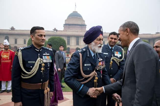 Marshall of the Indian Air Force, Arjan Singh, greeting the then President of the US, Barack Obama