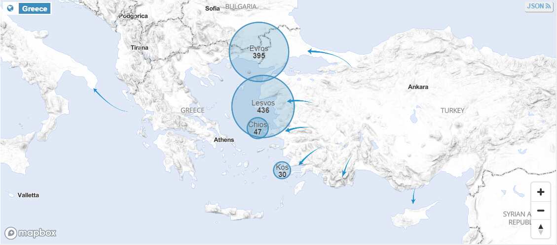 map showing Greece and neighbouring Turkey with arrows indicating migration routes