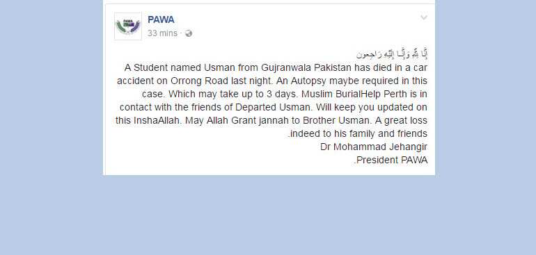 PAWA message on Pakistani student's death