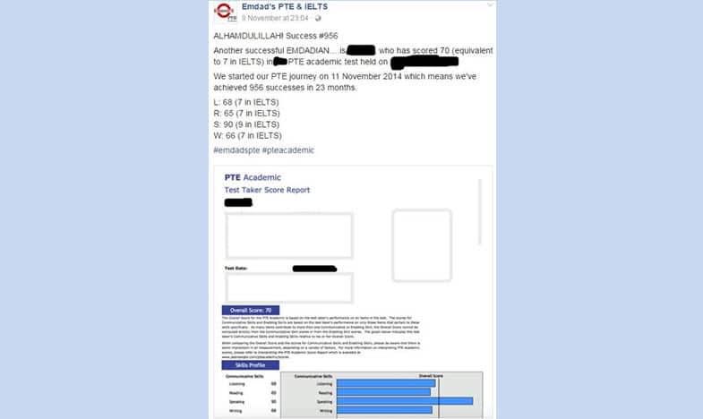 A result of a student posted on Emdads' PTE Facebook page