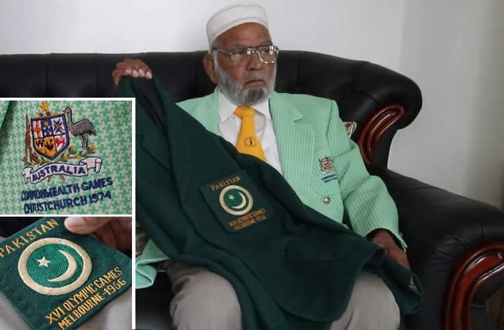Chaudhry Ashraf wears the Australian coach jersey of 1974 Commonwealth Games and shows his jersey of Pakistani team from 1956 Melbourne Olympics as a wrestler.