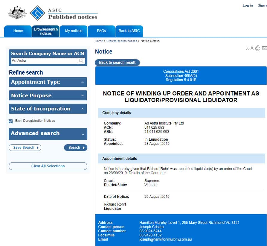 ASIC Insolvency note