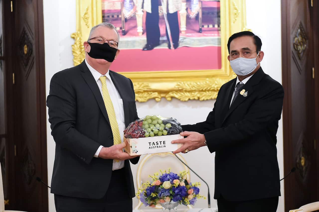 นายอัลลัน แมคคินนอน เอกอัครราชทูตออสเตรเลียประจำประเทศไทยเยี่ยมคารวะ พลเอก ประยุทธ์ จันทร์โอชา นายกรัฐมนตรีไทย พร้อมมอบองุ่นนำเข้าจากรัฐวิกตอเรีย