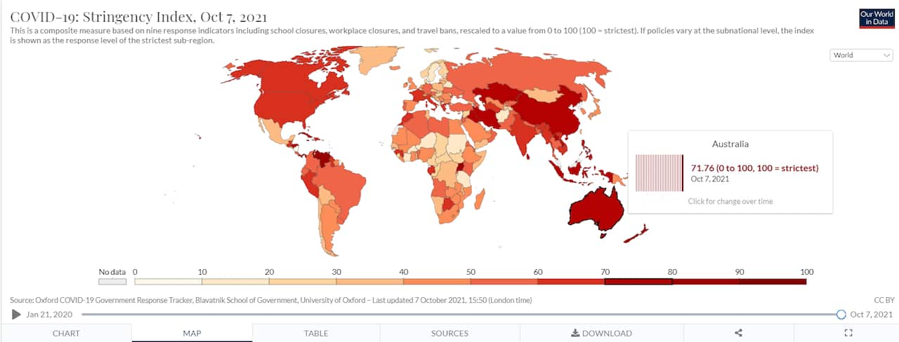World map view of Oxford COVID-19 Government Response Tracker
