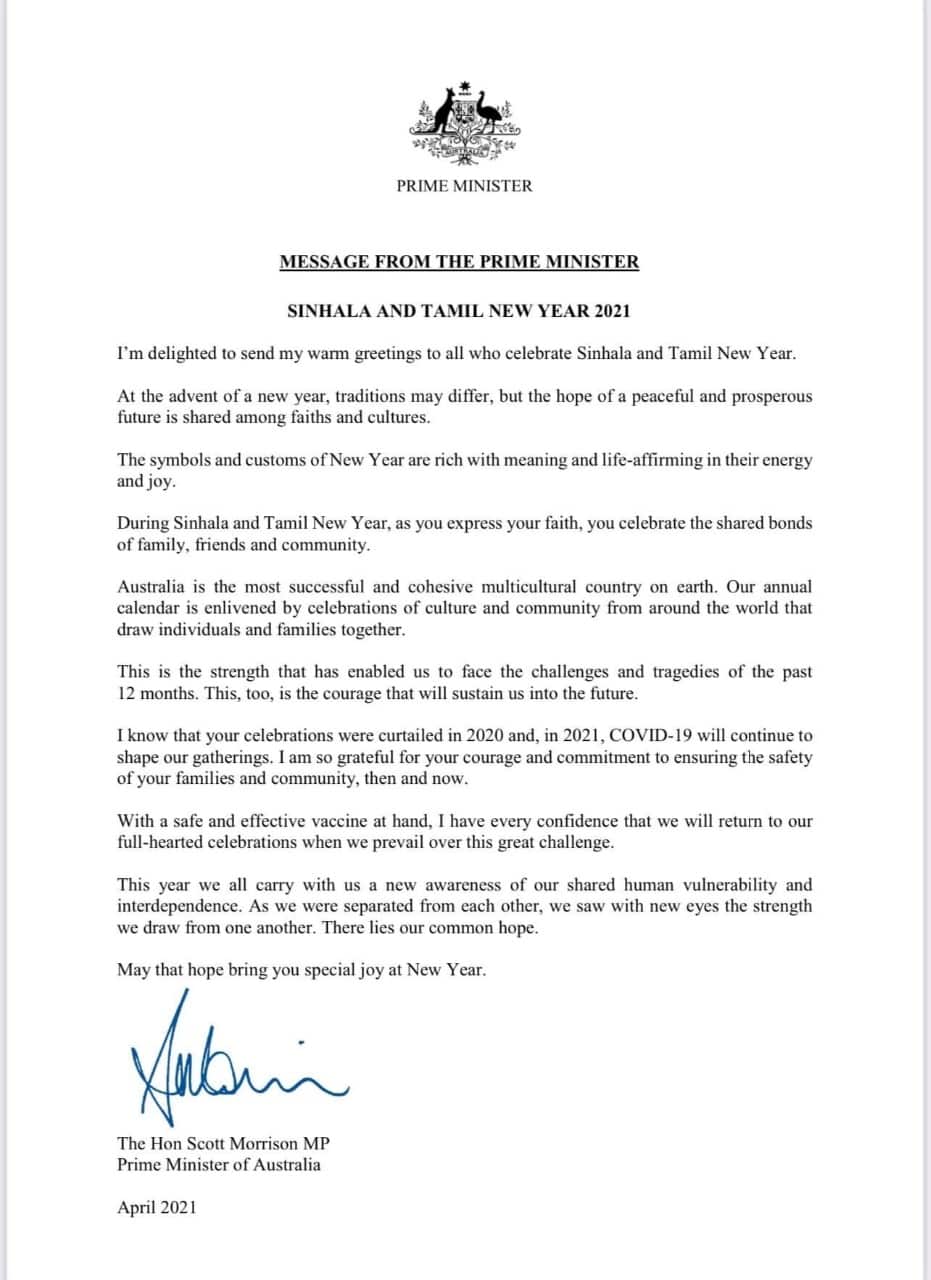 Australian Prime Minister wishes 2021 Sinhala and Tamil New Year