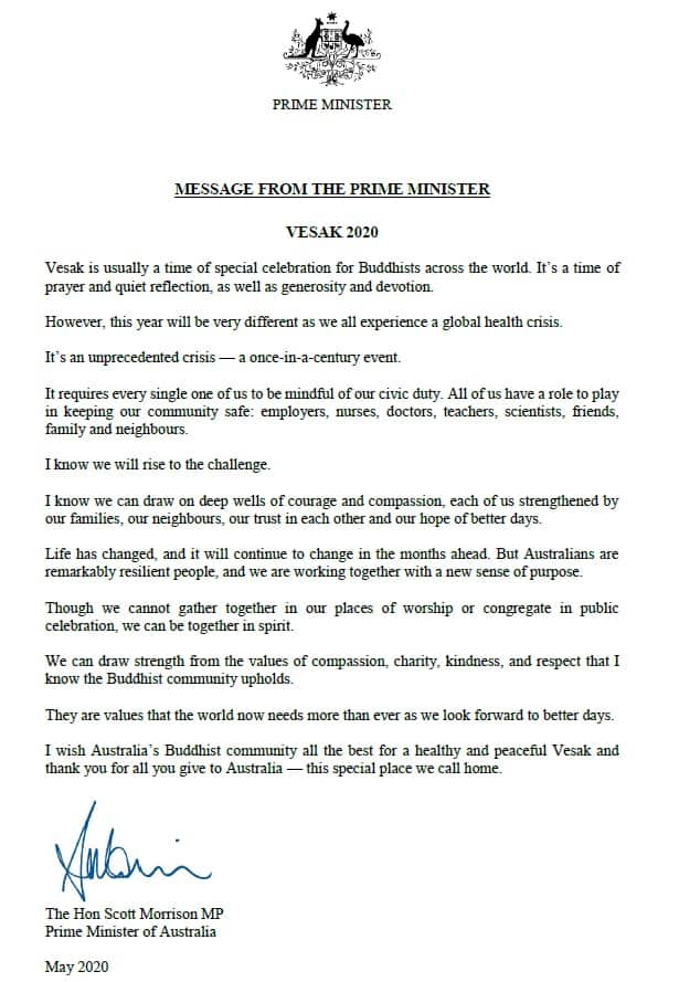Australian PM Vesak Message