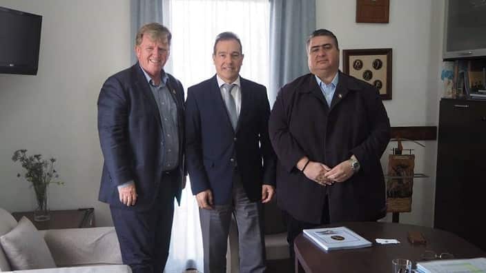 Lemnos Regional Government Sub-Prefect, Evaggelos Giarmadouros, Lemnos Gallipoli Commemorative Committee President Lee Tarlamis (R) and Secretary Jim Claven (L)
