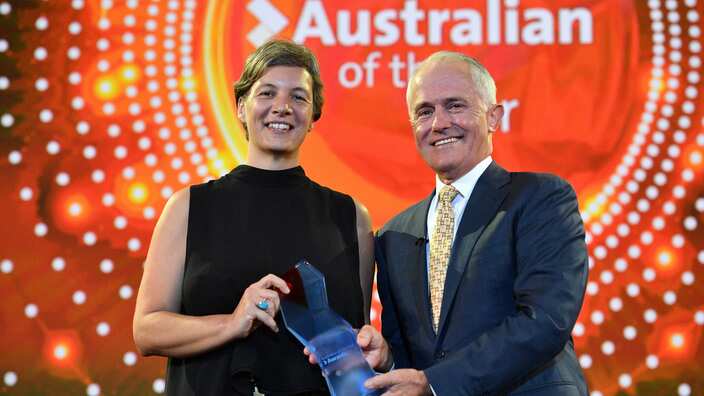 Prime Minister Malcolm Turnbull and 2018 Australian of the Year Professor Michelle Yvonne Simmons at the 2018 Australian of the Year Awards at Parliament House in Canberra, Thursday, January 25, 2018. (AAP Image/Mick Tsikas) NO ARCHIVING