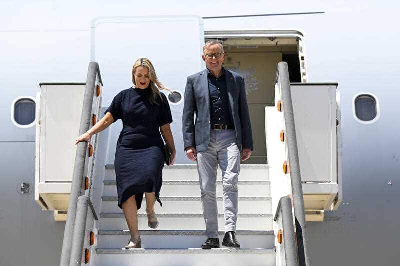Australian Prime Minister Anthony Albanese and partner Jodie Haydon disembark the plane after arriving at Torrejon Airbase for the Nato Leaders’ Summit in Madrid, Spain, Monday, June 27, 2022