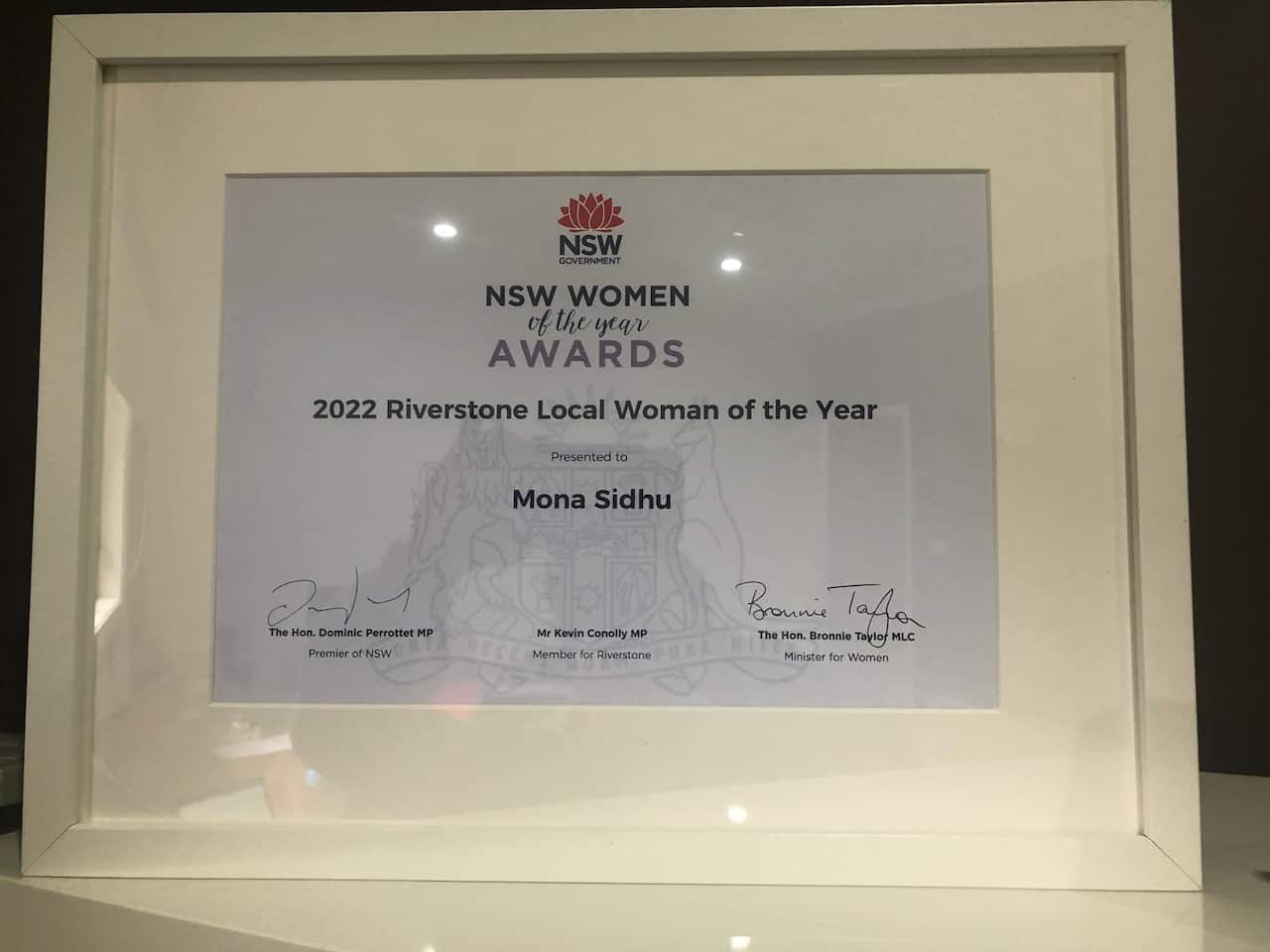 Award for Mona Sidhu's volunteer work