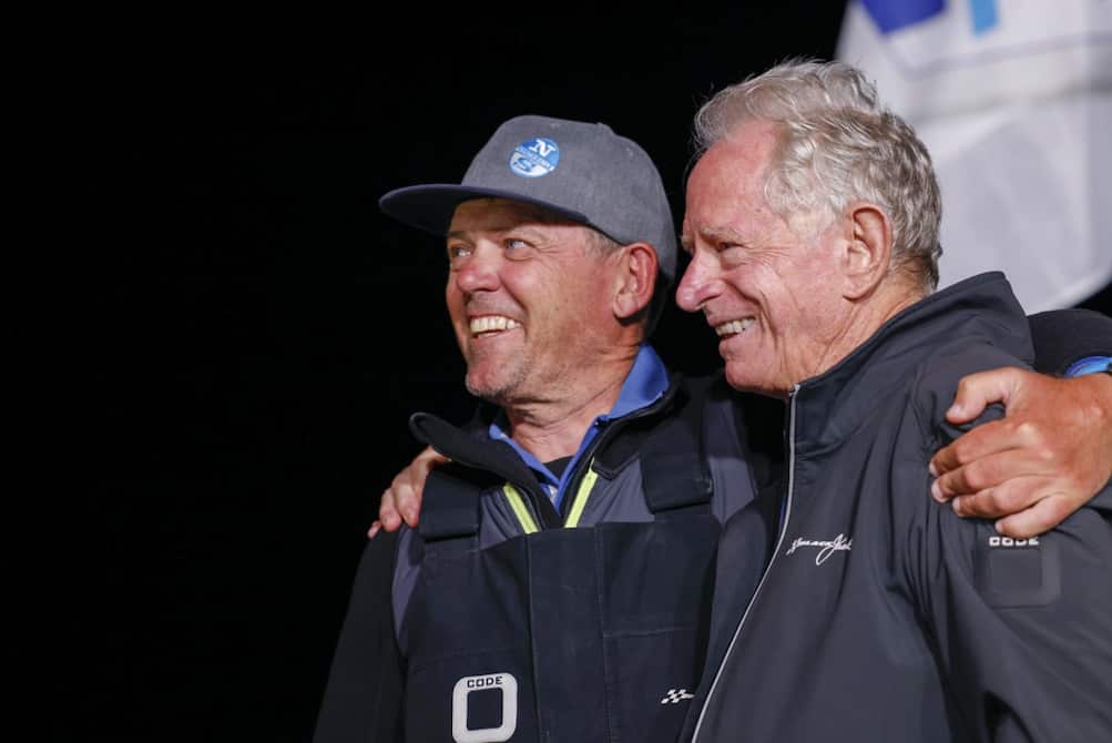 Peter Harburg and Mark Bradford in Hobart at the finish of the race