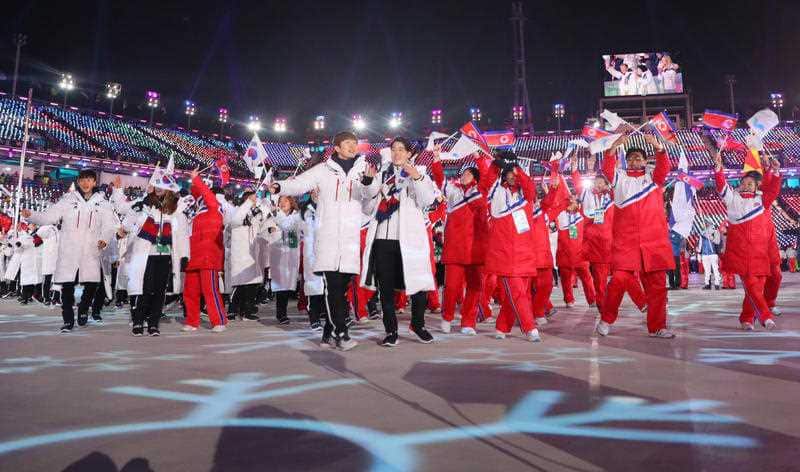 Athletes of the joint team of North and South Korea march under a unify flag during a closing ceremony of the PyeongChang Winter Olympic Games