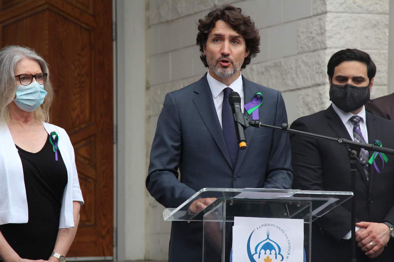 Prime Minister of Canada, Justin Trudeau speaks at a vigil for four members of a Muslim family who were killed during a Sunday evening walk in London, Ontario.
