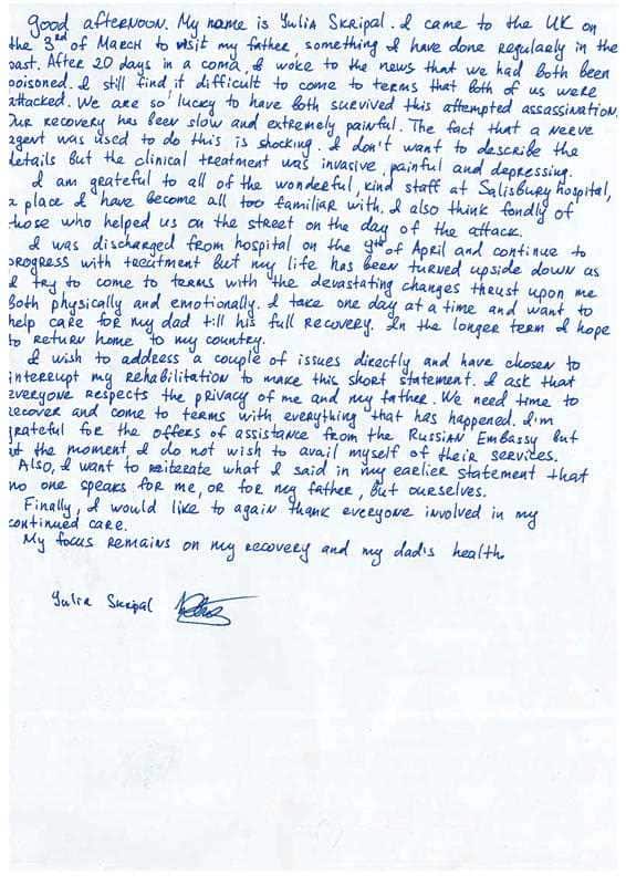 The signed, handwritten statement in English by Yulia Skripal the daughter of Russian spy Sergei Skripal, who has said that she wants to return to her country, despite being poisoned with a nerve agent.
