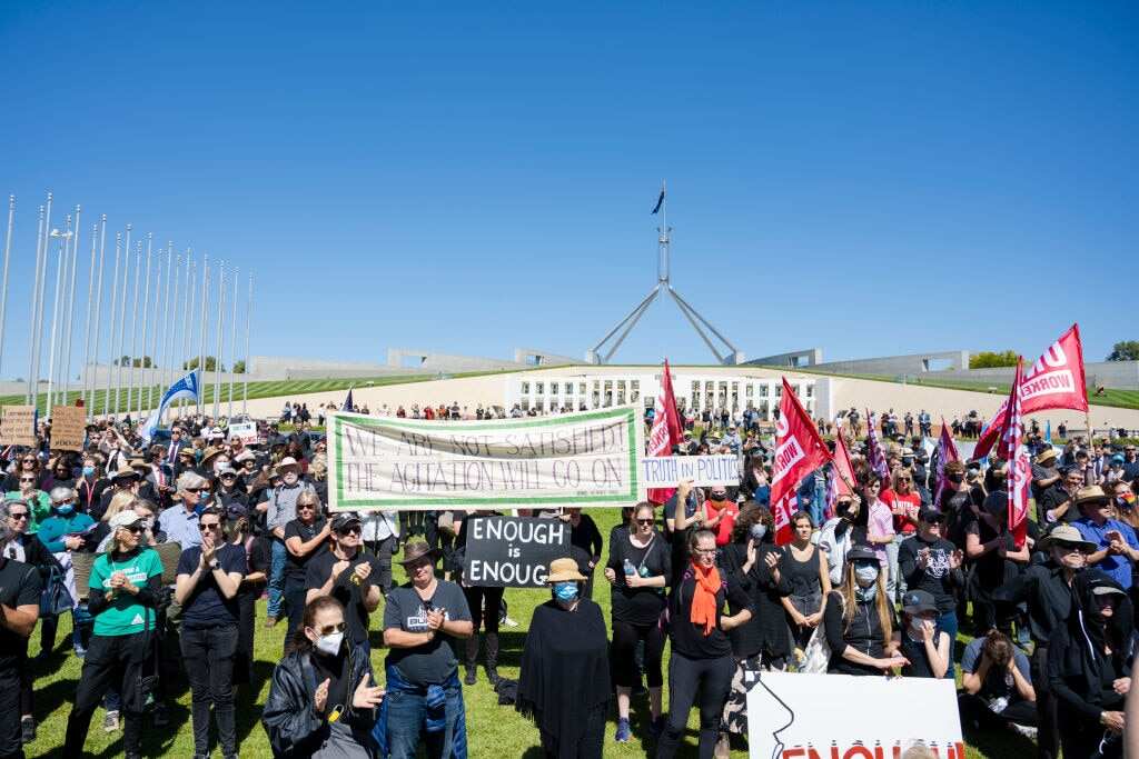 Protests attend the Womens March 4 Justice Rally on 15 March, 2021 in Canberra. 