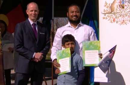 Kiran Sreerangam and his son Davansh Viann from India became Australian citizens on Friday.