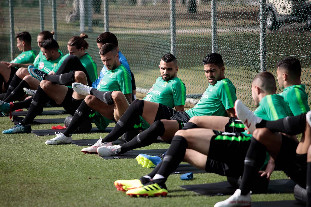 Australian Socceroos players during a team training session as part of their 2018 FIFA World Cup training camp in Antalya, Turkey.