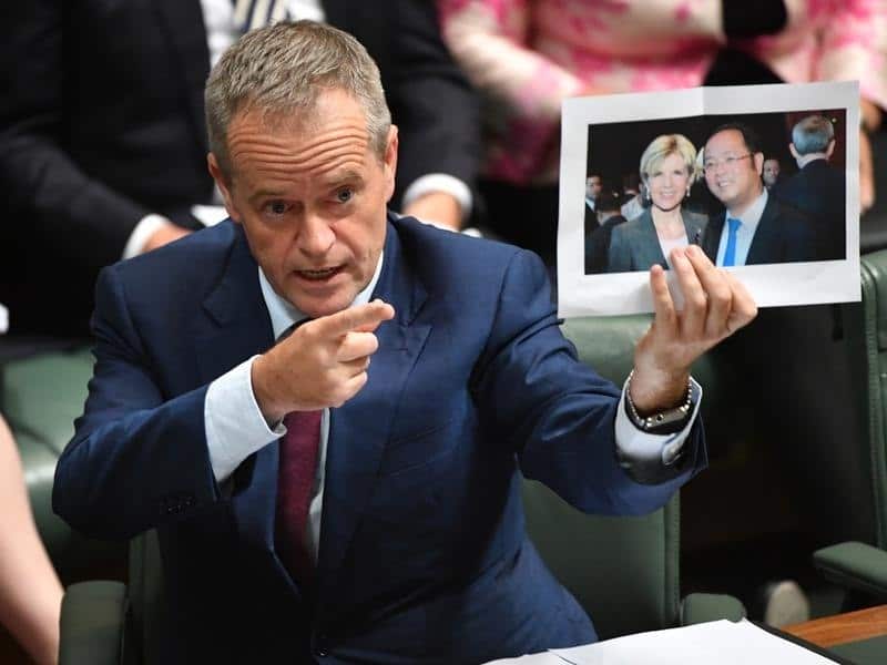 Bill Shorten holds a photograph of Julie Bishop and Huang Xiangmo/