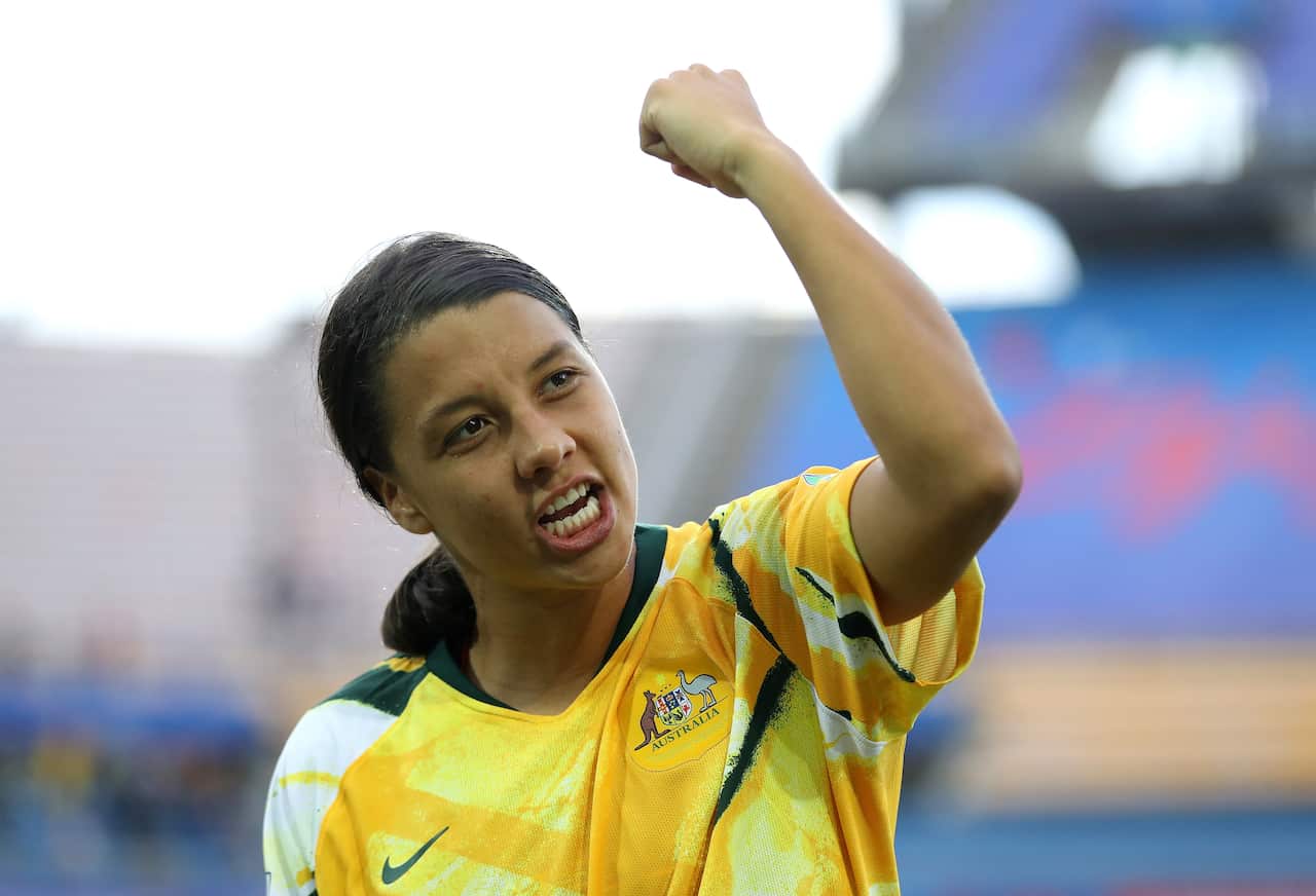 Sam Kerr of Australia celebrates following the Matildas’ win over Brazil.