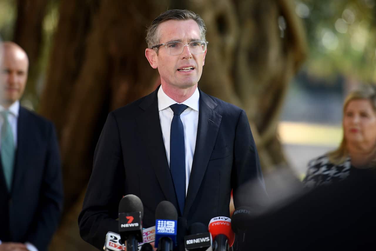 NSW Premier Dominic Perrottet speaks to media during a press conference in Sydney.