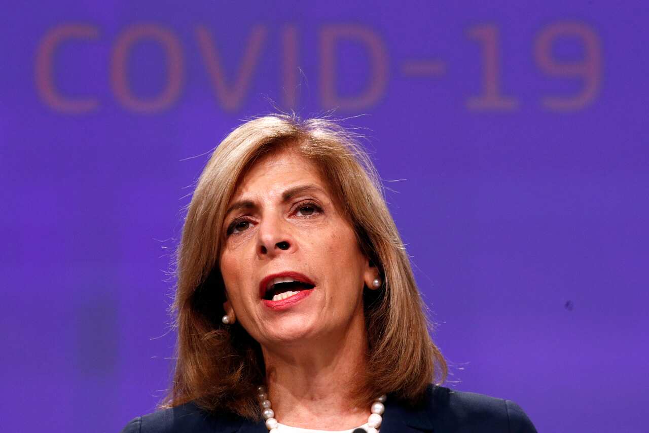 European Commissioner for Health Stella Kyriakides speaks during a news conference on the updated coronavirus disease risk assessment, in Brussels, Belgium.