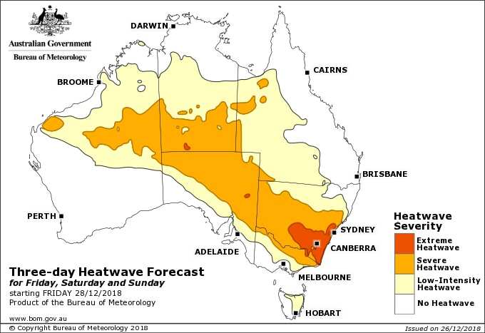 The BOM has forecast three days of heatwave conditions starting from Friday December 28.