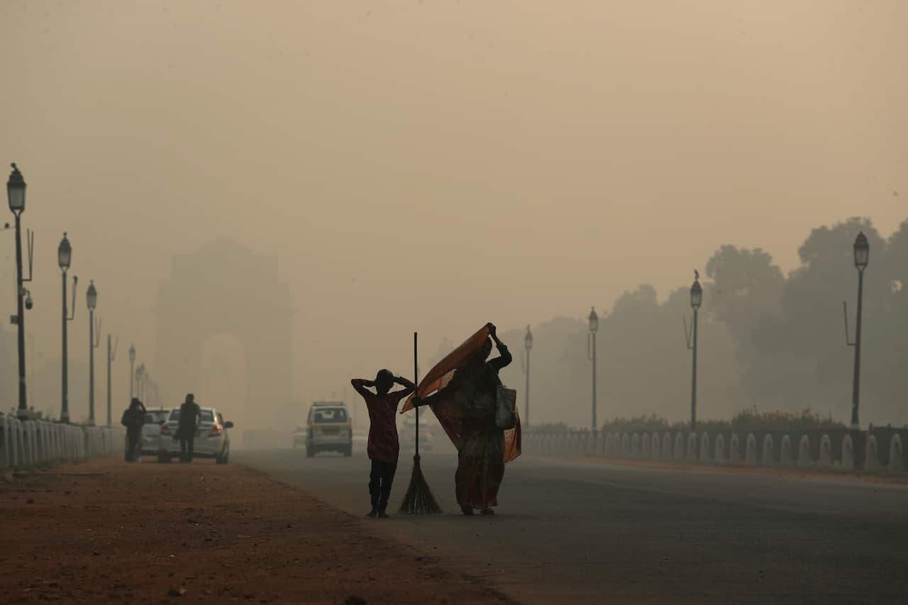 A thick layer of pollution haze hangs over New Delhi, India. 