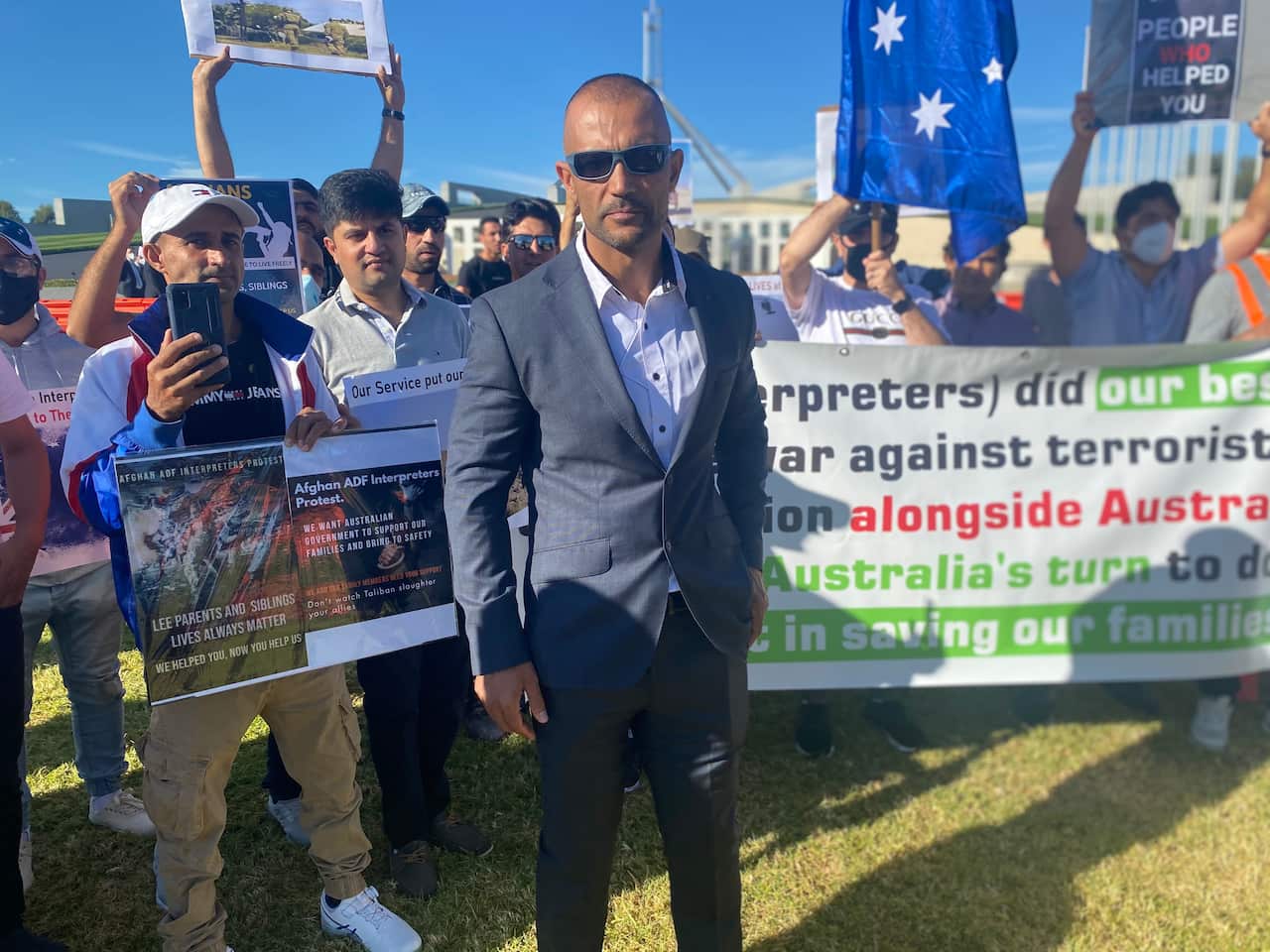 Raz Mohammad attended the protest alongside other former Afghan interpreters to serve with Australian troops.