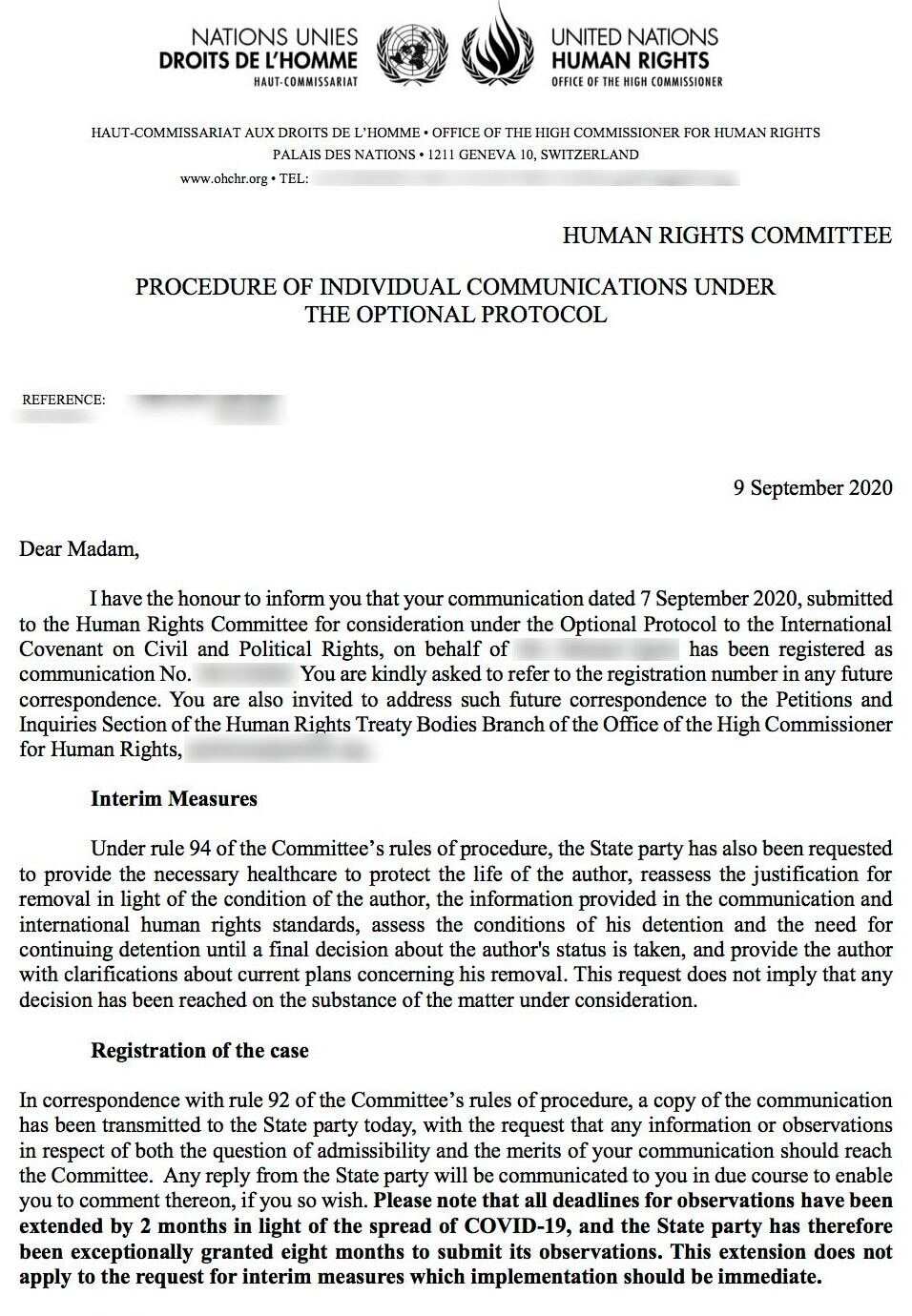The UN letter includes a request that the man be provided with the “necessary healthcare” to protect his life.
