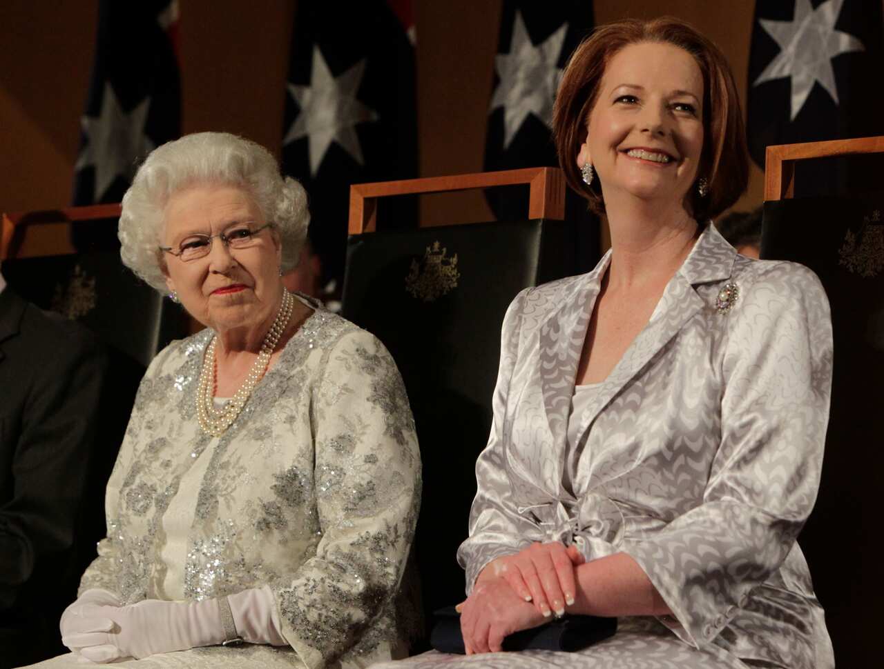 Queen Elizabeth sits to the left of Prime Minister Julia Gillard during a Parliamentary Reception at Parliament House in Canberra in 2011.