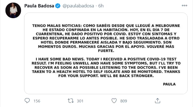 Il tweet con il quale la 23enne spagnola Paula Badosa ha annunciato la sua positività al COVID