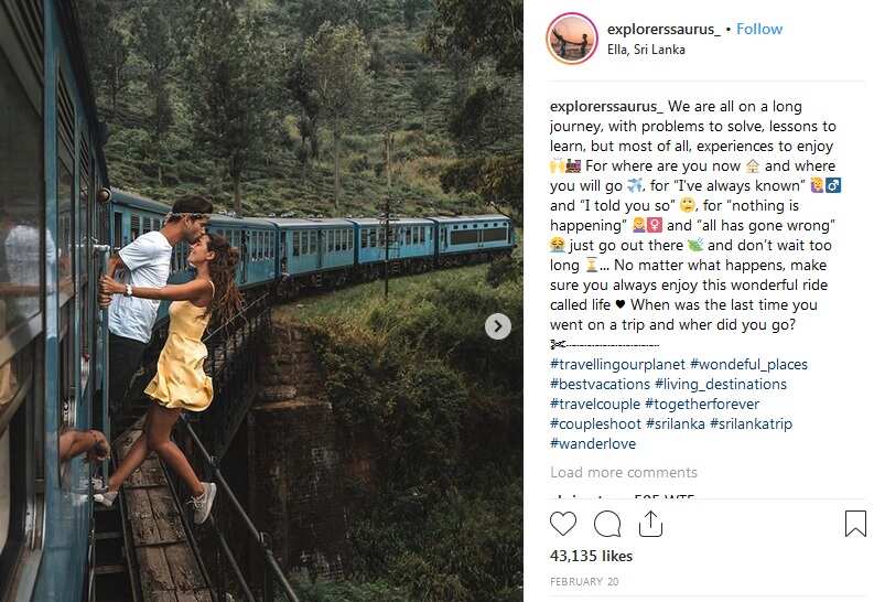 A glamorous travel blogging couple’s Instagram photo took at moving train in Sri Lanka went viral. 
