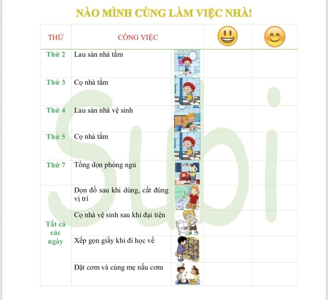 Chị Hà Trang lập ra một bảng công việc hàng tuần theo ngày. Con trai Subi cứ theo lịch này mà thực hiện. Sau đó mẹ sẽ là người kiểm tra, góp ý, đánh giá và khuyến khích.