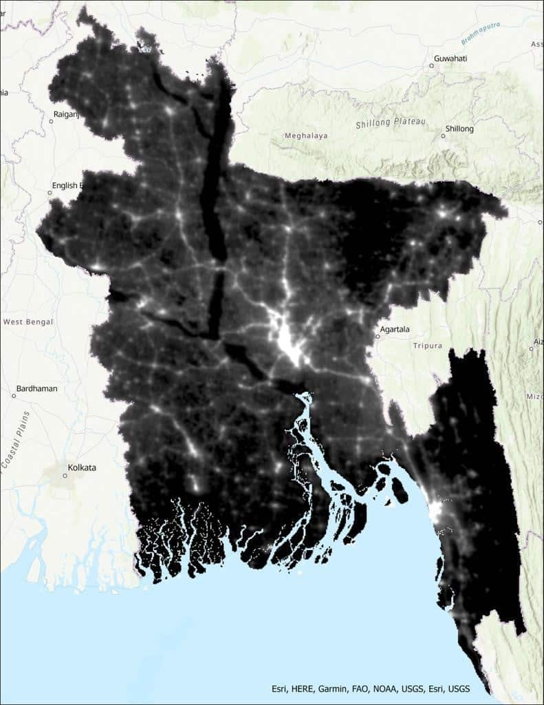 Bangladesh map in night time satellite image.
